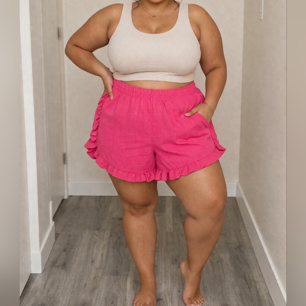 Clique Rayon Linen Blend Pink Ruffle Hem Shorts Plus Size Casual Boho Summer